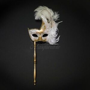 Holding Stick Party Mask | Feather Masquerade Mask White Gold!